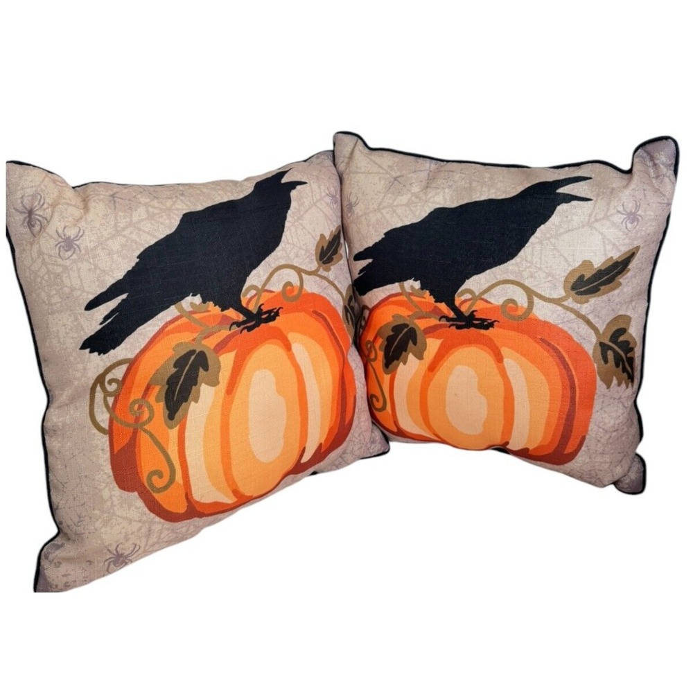 Pier 1 Imports Halloween Throw Pillows Crow Raven Pumpkin‎ RARE 16 X 16